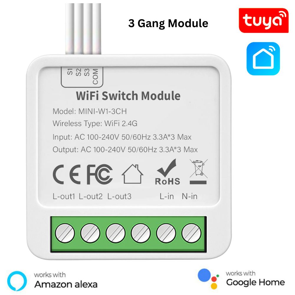 Tuya Wifi Switch, Light Swich, Wifi Smart Breaker,  3  Gang Tuya WiFi Smart Light Switch Module, Mini Switch