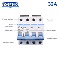TOMZN TOB1Z-63 4P DC MCB 32A 1000V Mini Circuit Breaker | Solar PV Protection Breaker | DIN Rail Mount