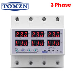 Tomzn TOVPD3-63VA – 3 Phase 4P Adjustable Voltage & Current Protector | Over/Under Voltage, Overcurrent Protection Device