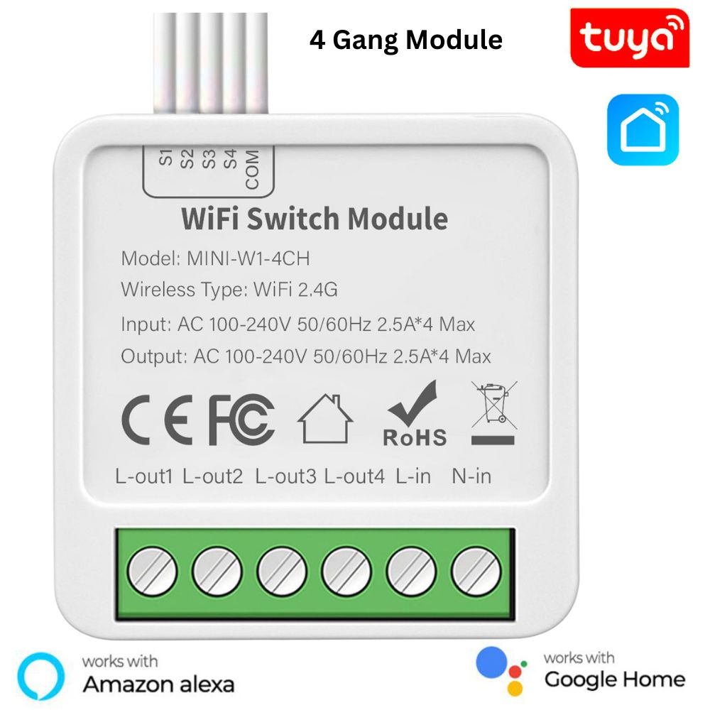 4 Gang Tuya WiFi Smart Light Switch Module, 4 gang module, Mini module, Light Switch, tuya wifi Mini Module