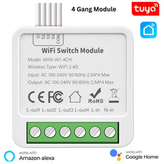 4 Gang Tuya WiFi Smart Light Switch Module, 4 gang module, Mini module, Light Switch, tuya wifi Mini Module