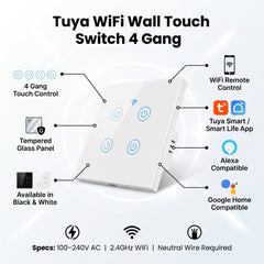 Tuya WiFi Wall Touch Switch 4 Gang – White/Black | Smart Home Automation | Alexa & Google Home Compatible