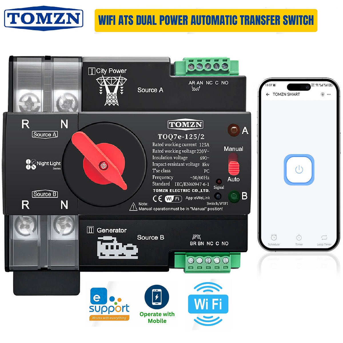 Tomzn WiFi ATS Dual Power Automatic Transfer Switch with smartphone app on a white background, transfer switch, Wifi ATS