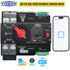 Tomzn WiFi ATS Dual Power Automatic Transfer Switch with smartphone app on a white background, transfer switch, Wifi ATS