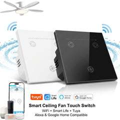 Smart Ceiling Fan Touch Wall Switch WiFi | Smart Life & Tuya | Fan Speed Control | Alexa & Google Home Compatible | White & Black