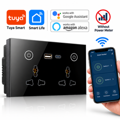 Tuya Smart WiFi Dual Socket | Universal Plug US/EU/UK | Power Monitor | Works with Alexa & Google | 13A Gang | Tuya App | Black & White