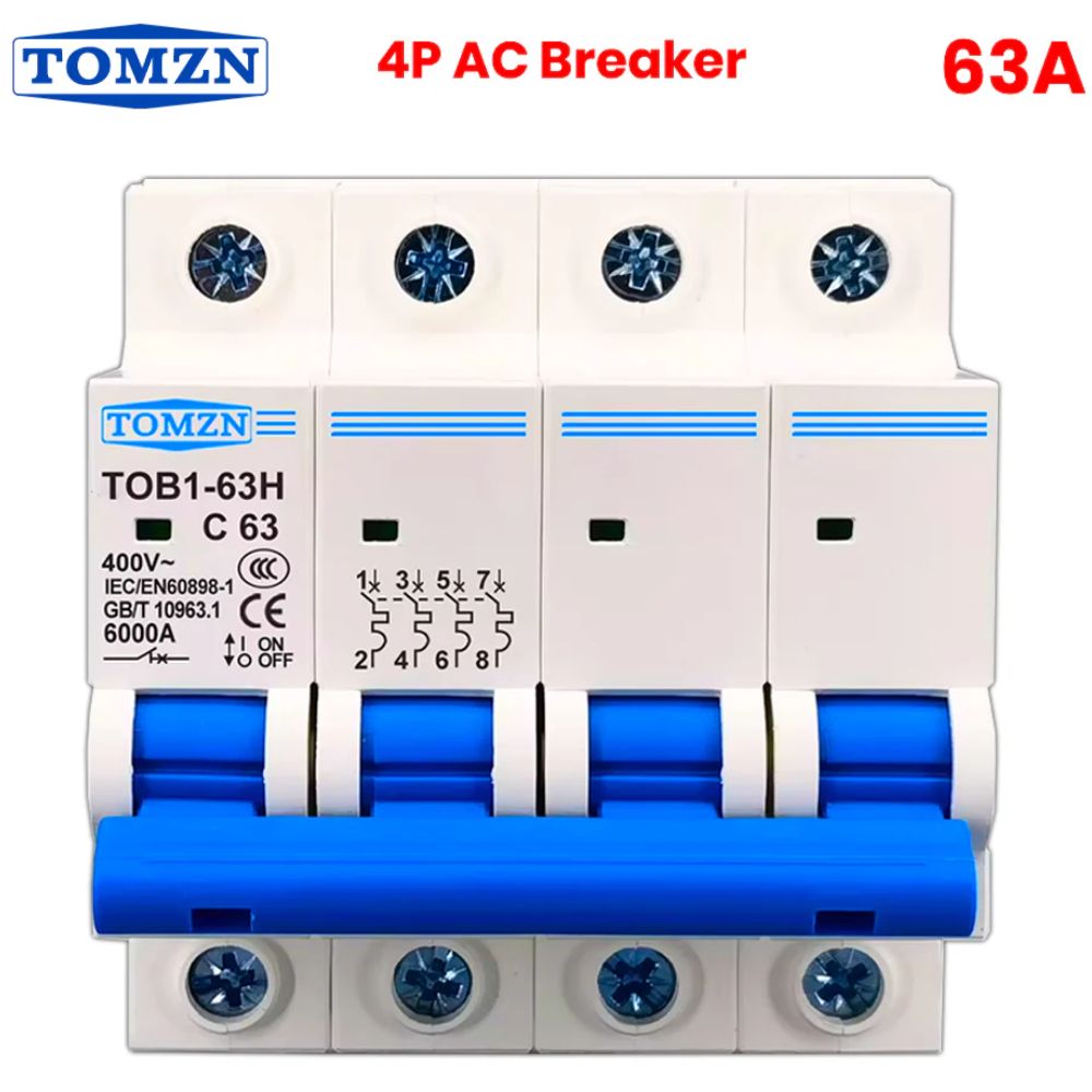 TOMZN 63A 4P AC MCB TOB1-63 C Type Circuit Breaker, Tomzn Breaker, Tomzn AC Breaker, 4p AC Breaker