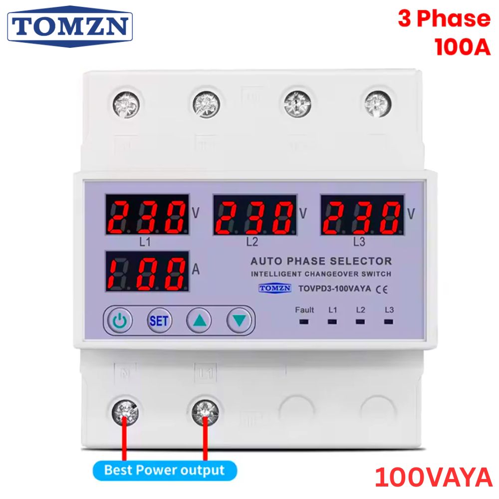 TOMZN 100A 3 Phase Din Rail Phase Selector with Voltage & Current Protection Relay TOVPD3-100VAYA, 100a Voltage protector,