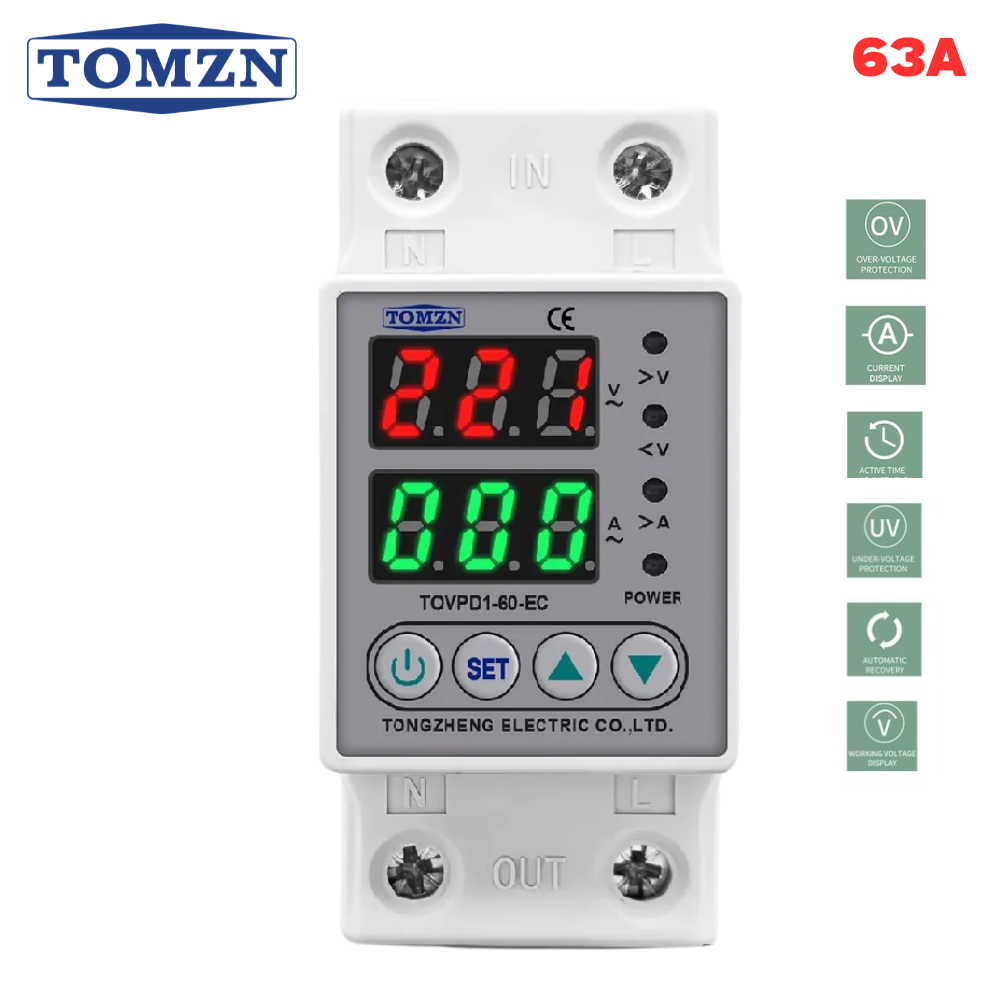 Tomzn TOVPD1-63-EC Voltage Protector with digital display, providing adjustable over and under voltage protection for electrical devices.
