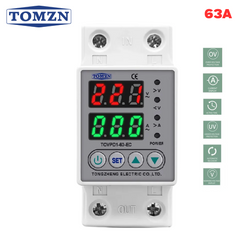 Tomzn TOVPD1-63-EC Voltage Protector with digital display, providing adjustable over and under voltage protection for electrical devices.