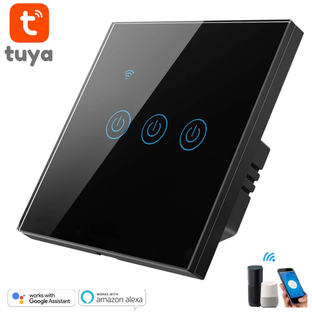Tuya 3 Gang WiFi Wall Touch Switch - Black, Tuya Wifi Switch, Wall Touch Switch, Light Switch
