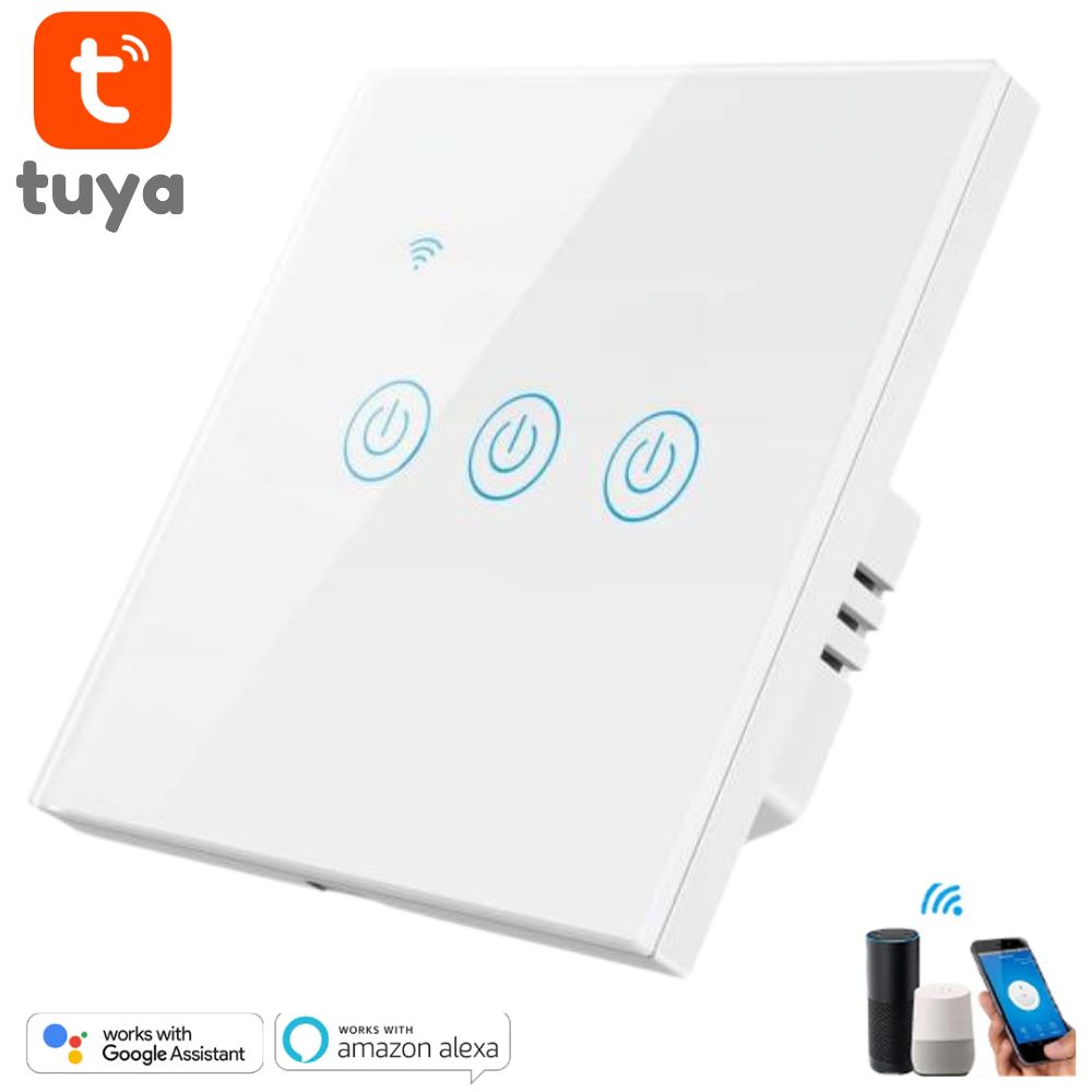 Tuya 3 Gang WiFi Wall Touch Switch - White, light Switch