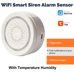 TRIGGER ALARM, USE POWER SUPPLY, TUYA SENSOR, TUYA ALARM SENSOR, TUYA SMART SIREN ALARM, SIREN ALARM, TEMPERATURE AND HUMIDITY SENSOR