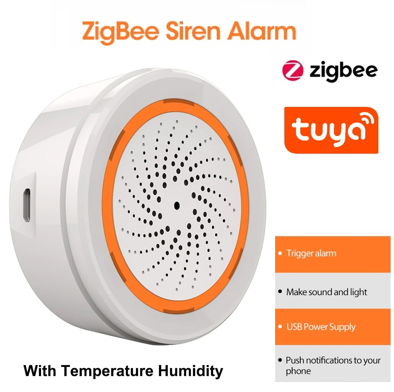 TEMPERATURE AND HUMIDITY SENSOR, SENSOR ALARM, TUYA ALARM SENSOR, ZIGBEE SENSOR ALARM, TRIGGER ALAM, SOUND AND LIGHT, USB POWER SUPLY