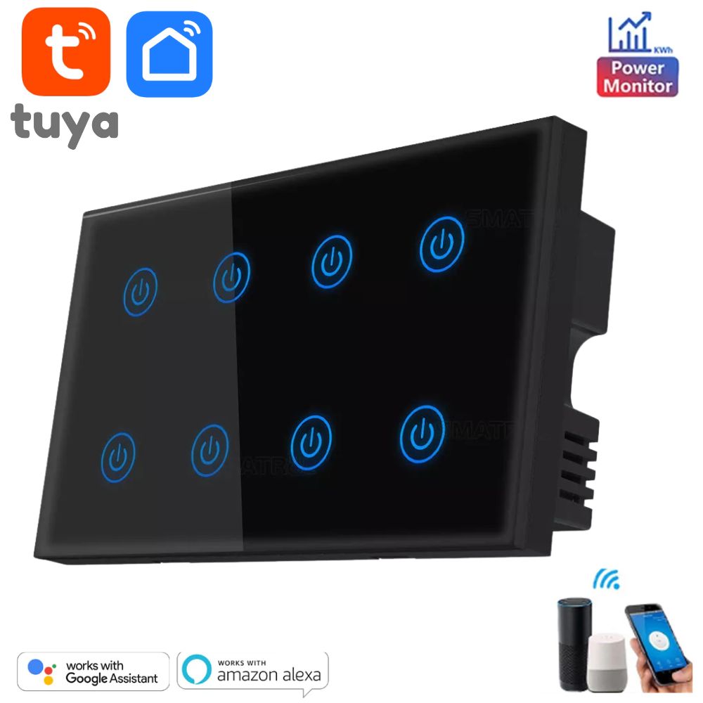 Tuya Smart WiFi 8 Gang Wall Touch Switch Power Meter - Black, Light Switch, Tuya Wifi Switch