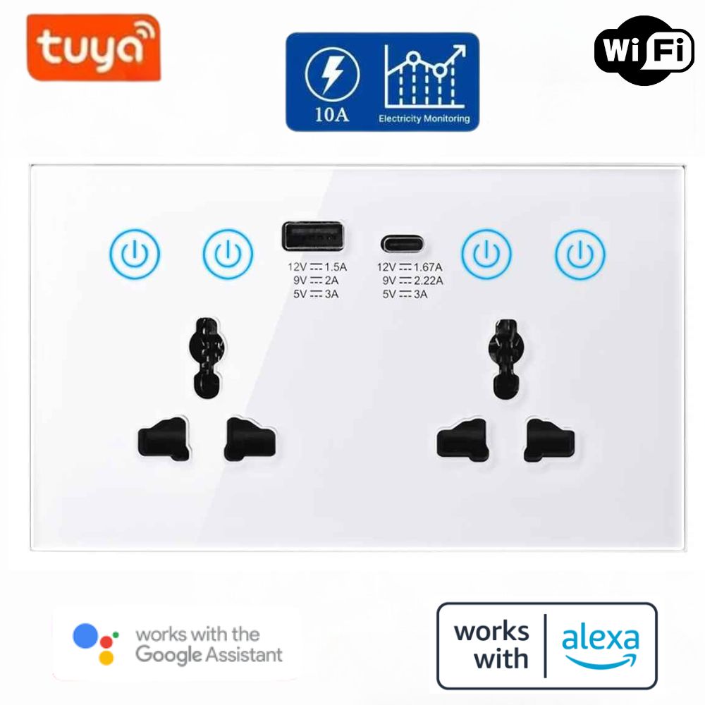 White Tuya dual WiFi wall socket with USB and Type-C