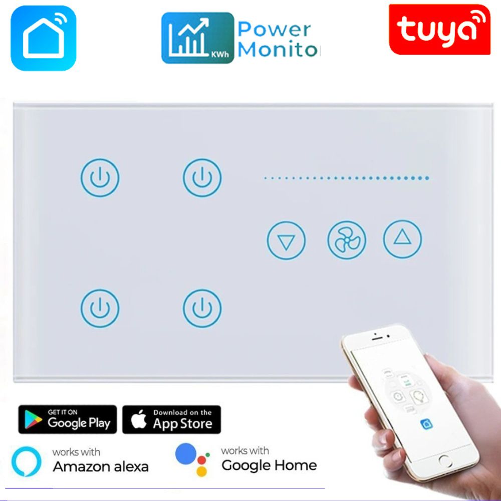Tuya wifi 4 gang + fan wall touch switch, tuya wifi fan wall switch, smart wall switch