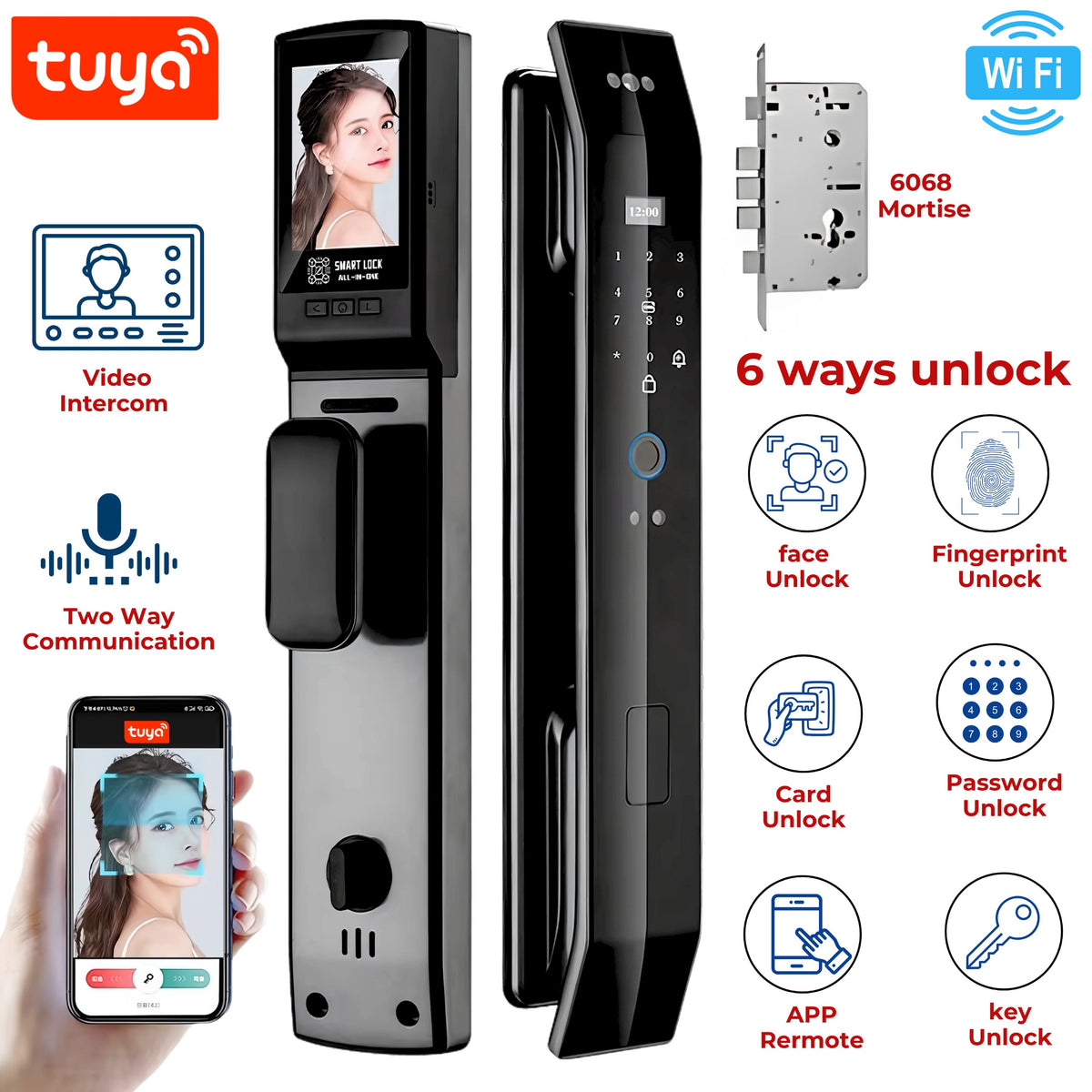Smart door lock with Tuya branding and multiple unlock methods displayed.