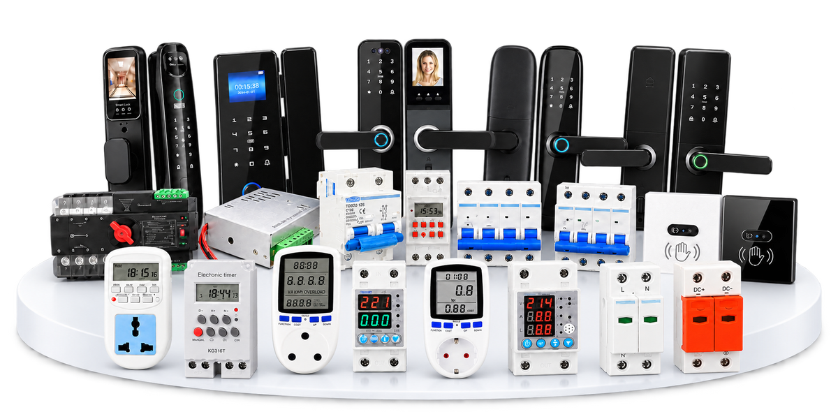 Clearance smart lock sets, infrared wall switches, timers, meters, breakers, AC and DC surge protectors, ATS and power supply