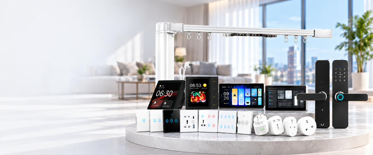 Original SWST home automation product group with curtain motor, smart panels, door lock pair, switches and plugs