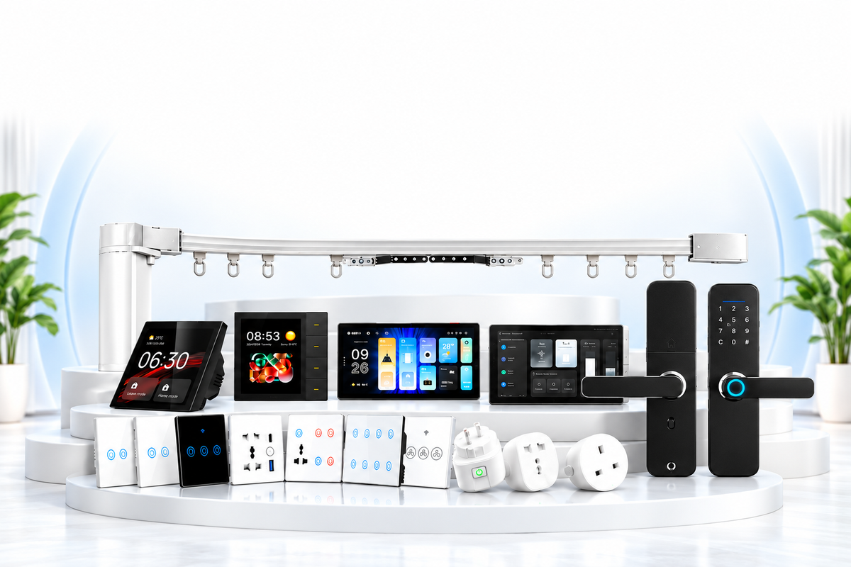 Home automation products including curtain motor, control panels, smart locks, wall switches and WiFi plugs
