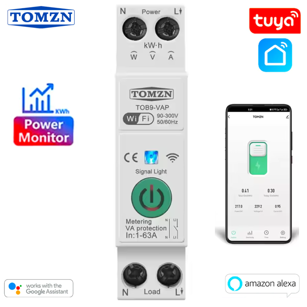 Tomzn TOB9-VAP WiFi voltage protector for smart home appliances with overload, over-voltage, and under-voltage protection, wifi-breaker, Tomzn-wifi-breaker, wifi-voltage-protector, Energy-Cost-Meter, Timer-switch