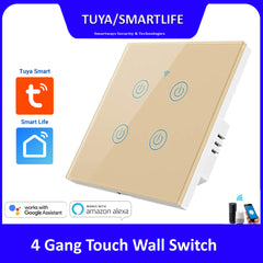 Tuya Smart 4 Gang Wifi Wall Touch Switch - White/Black/Golden