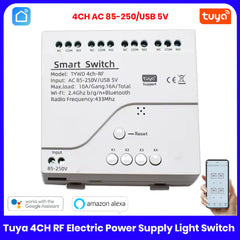 Tuya WiFi Wireless 4 Channel Module Inching Interlock RF433 10A 4 Way Receiver For Alexa