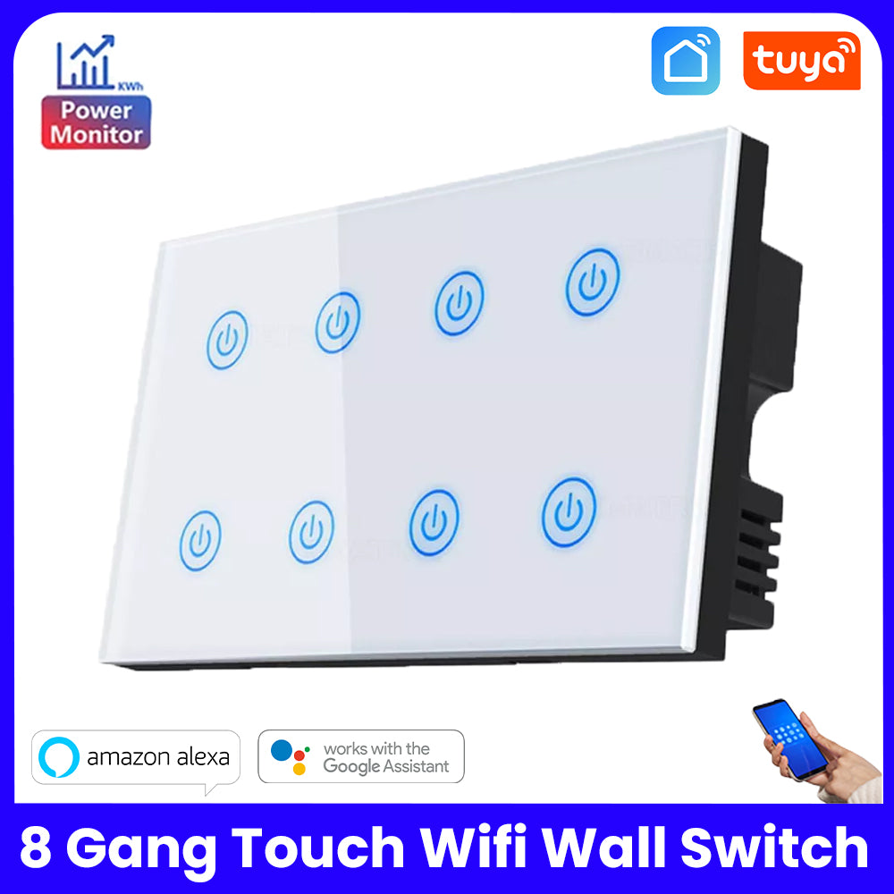 Tuya Smart WiFi 8 Gang Wall Touch Switch Power Meter - White