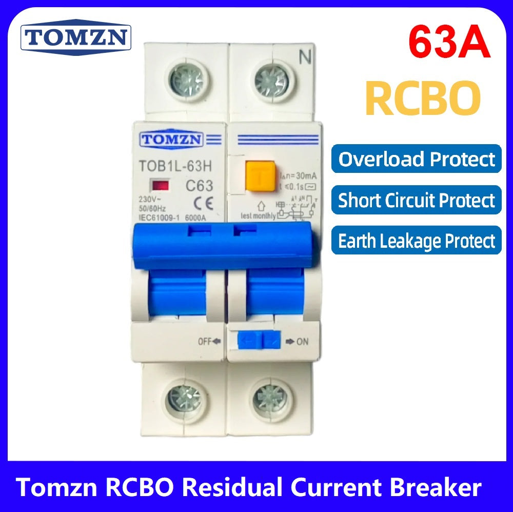 Tomzn RCBO 63A Residual Current Circuit Breaker | 2P AC MCB | Short Circuit, Overload & Earth Leakage Protection
