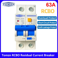Tomzn RCBO 63A Residual Current Circuit Breaker | 2P AC MCB | Short Circuit, Overload & Earth Leakage Protection