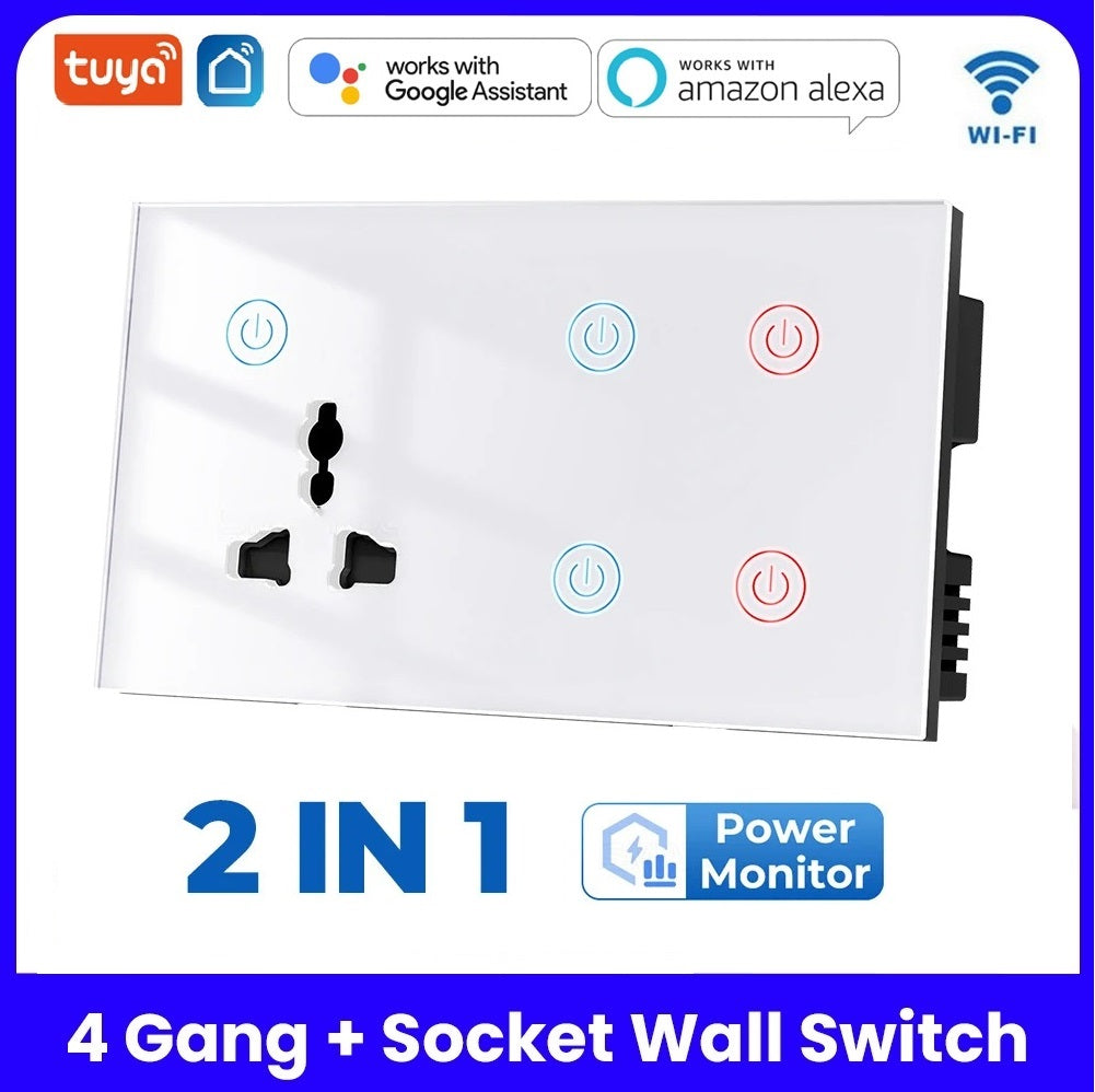 Tuya Smart WiFi 4 gang + Socket Wall Switch - White/Black