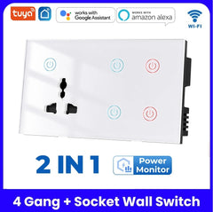 Tuya Smart WiFi 4 gang + Socket Wall Switch - White/Black