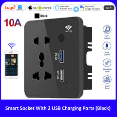 Tuya Smart 10A WIFI Wall Socket with USB - White/Black