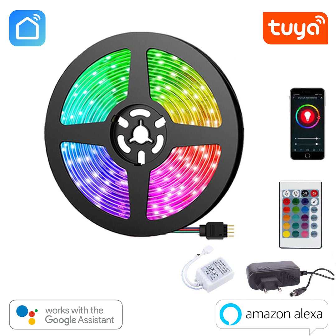 Tuya WiFi Smart 5M RGB LED Strip Light – Music Sync, Alexa & Google Assistant Compatible, Smart Life App Controlled Color Changing LED Strip