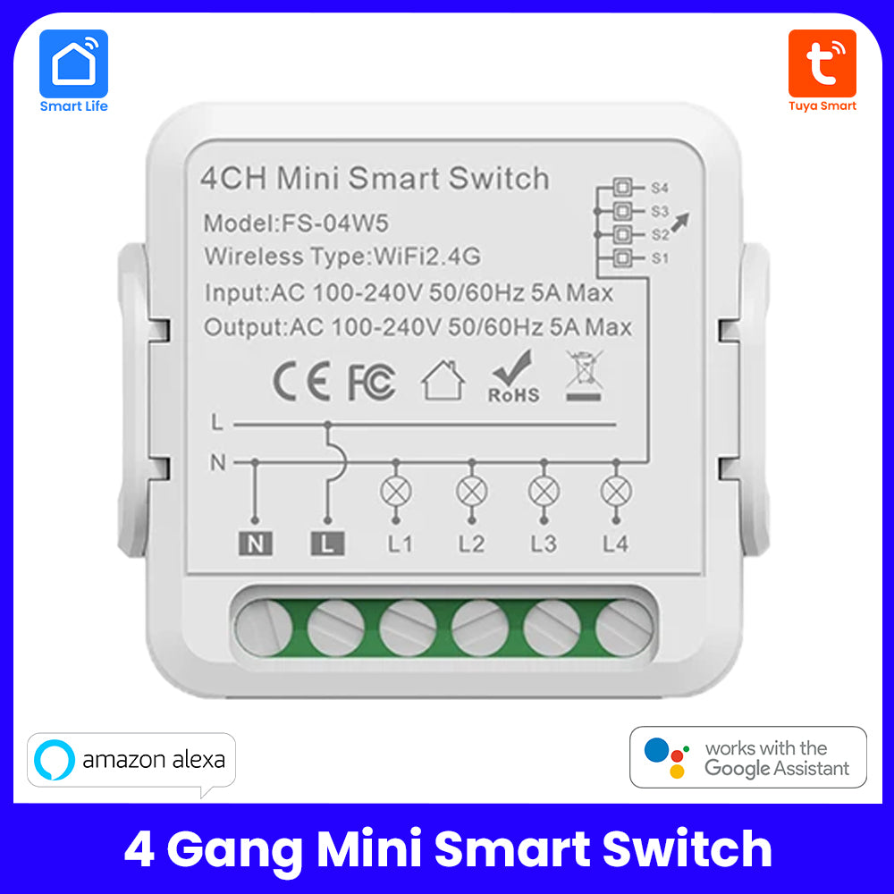 1 2 3 4 Gang Tuya WiFi Smart Light Switch Module - No Hub Needed