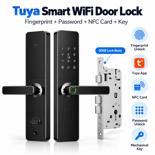 Tuya Smart WiFi Fingerprint Door Lock with Password, NFC Card, Key & 6068 Lock Body