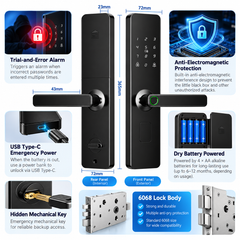 Tuya Smart WiFi Fingerprint Door Lock with Password, NFC Card, Key & 6068 Lock Body