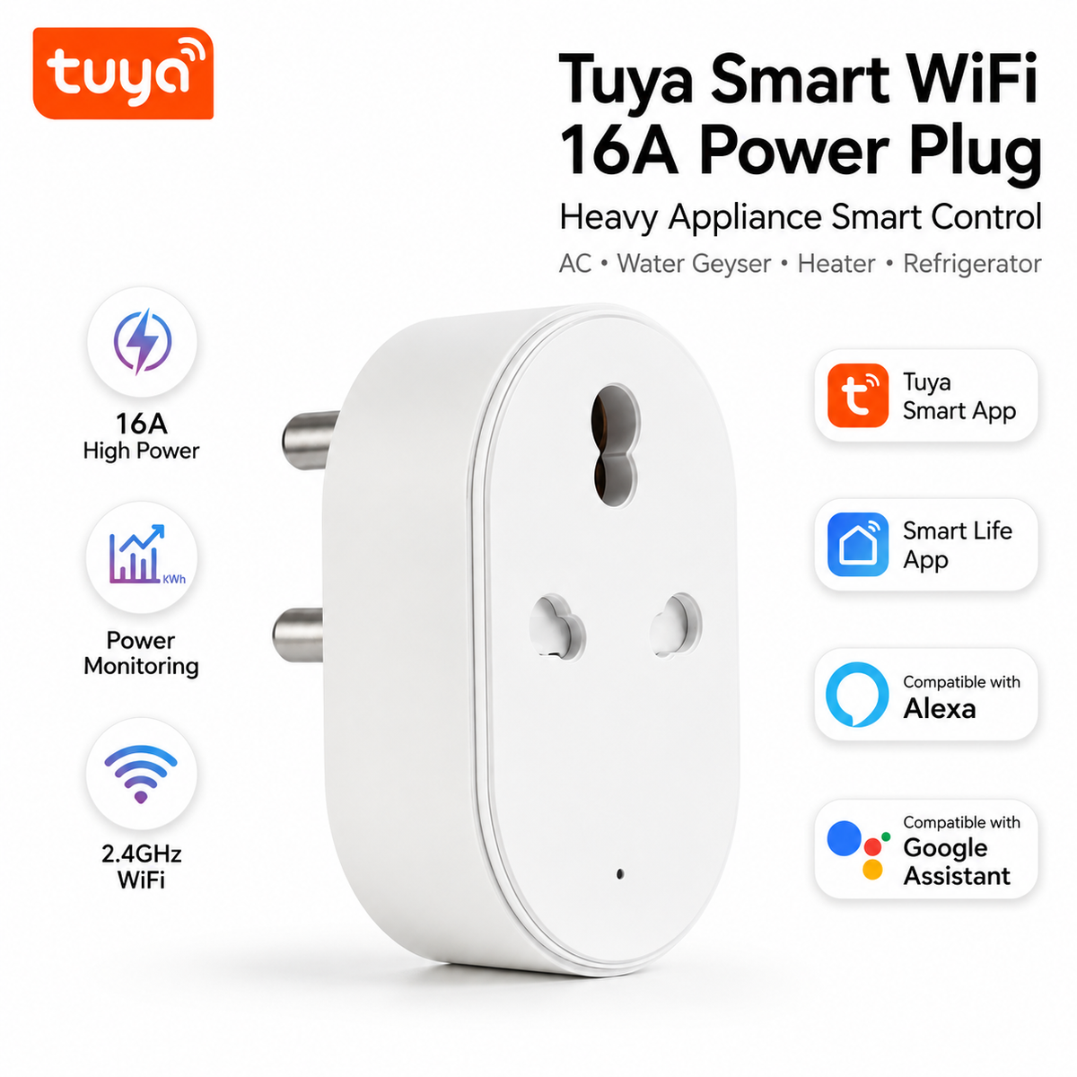 Tuya Smart WiFi 16A Power Plug with Power Monitor | AC & Water Geyser Smart Plug | Alexa & Google Home Control