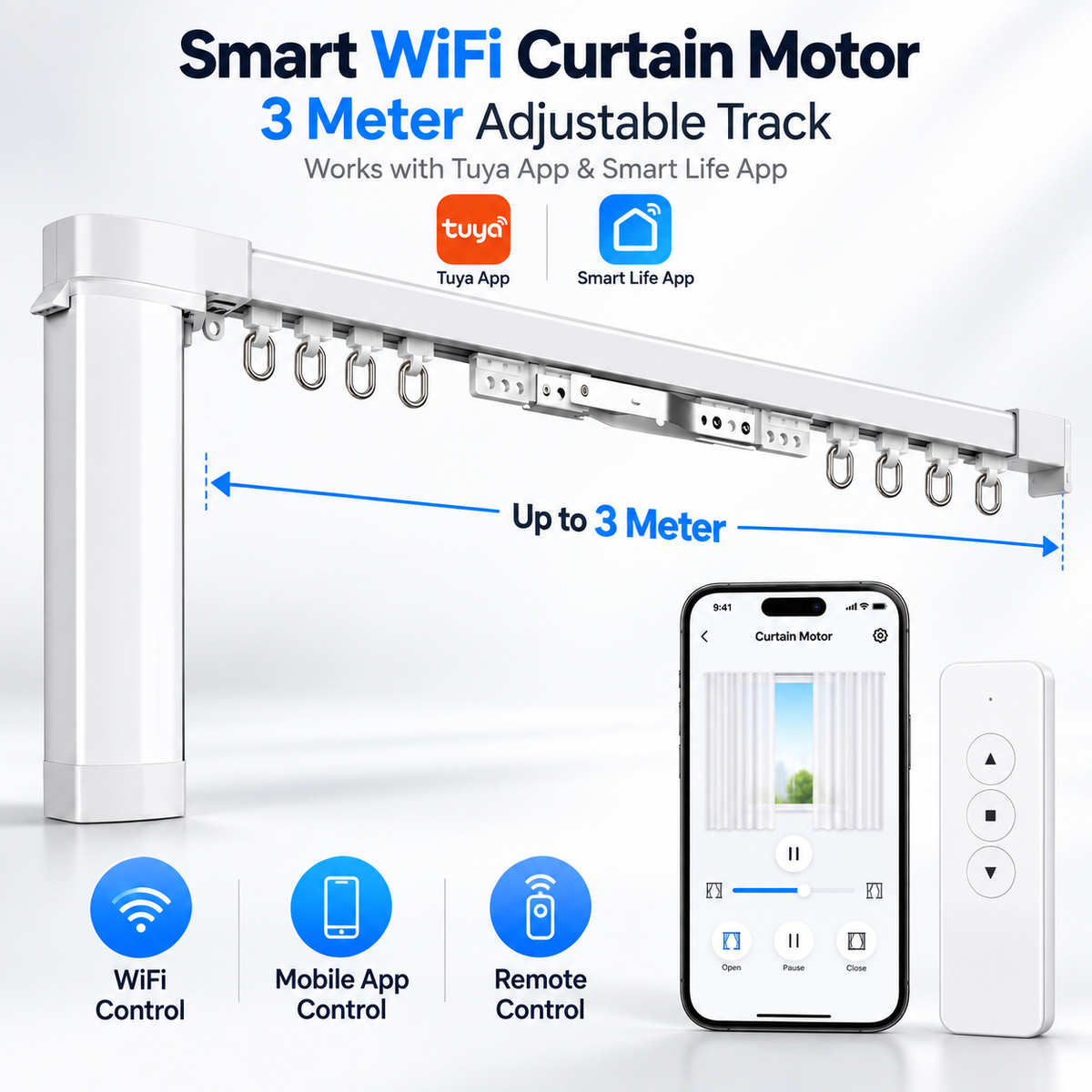 Tuya Smart WiFi Curtain Motor with Adjustable Track – 3M / 4M | App & Remote Control