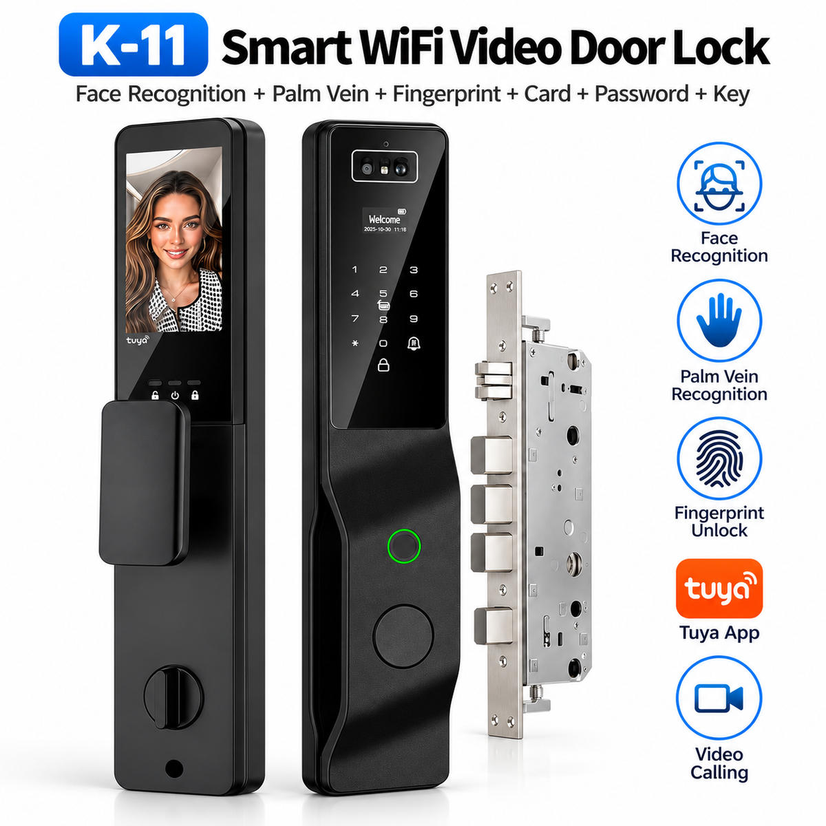 K-11 Tuya Smart WiFi Door Lock with 3D Face Recognition, Palm Vein, Fingerprint & Video Calling