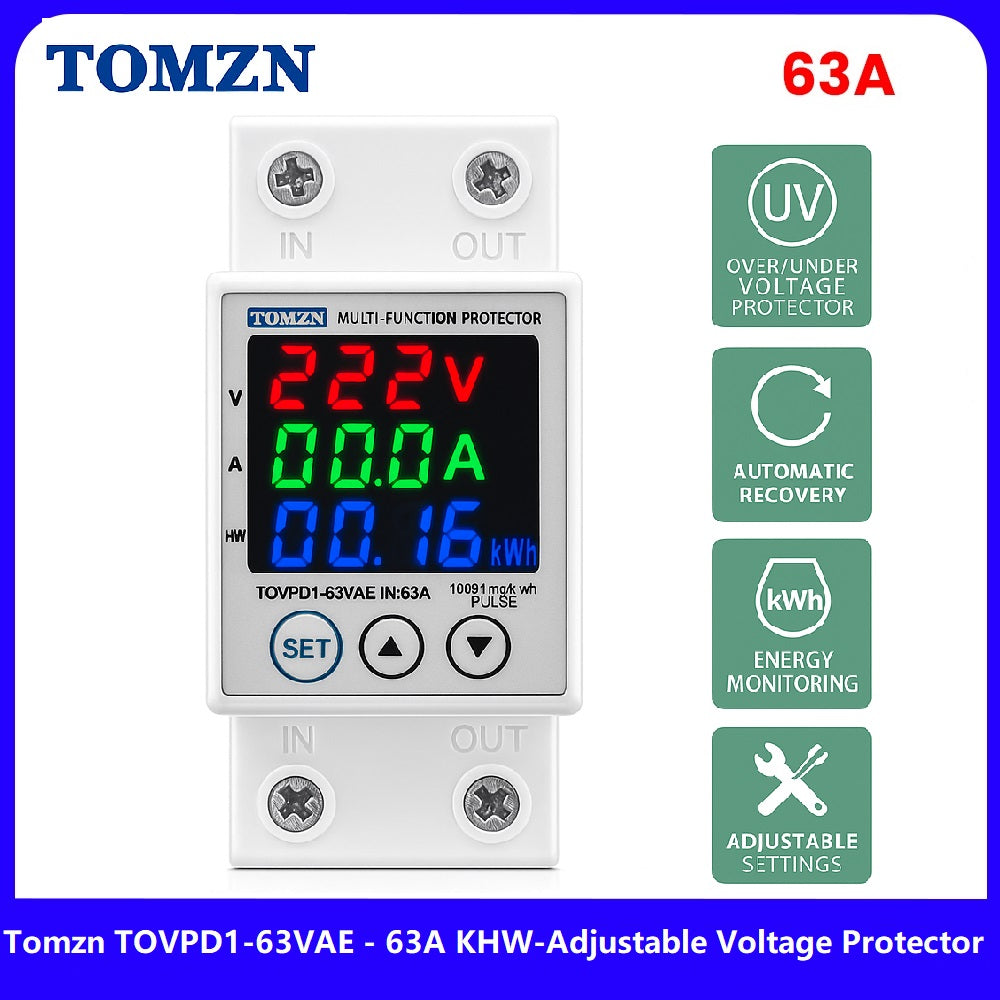 TOMZN TOVPD1-63VAE 63A Voltage Protector with kWh Meter – Over & Under Protection