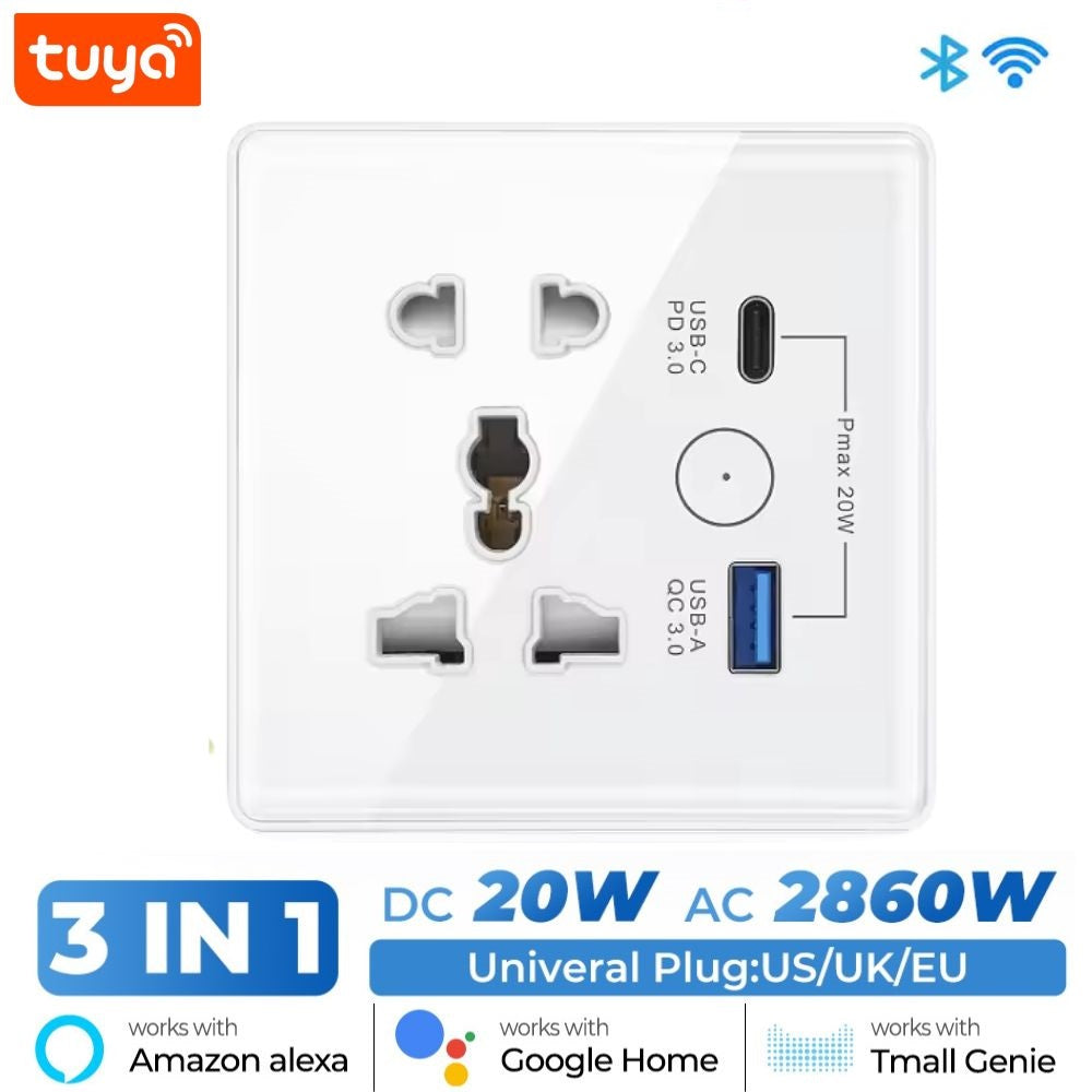 Tuya WiFi Smart Wall Socket 13A with USB & Type-C | Voice Control | Alexa Google Compatible