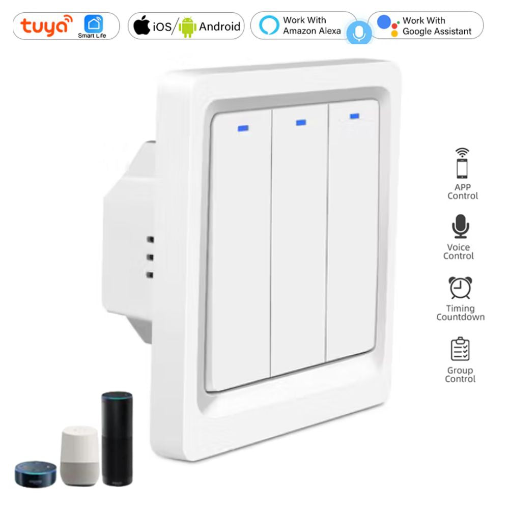 Tuya Smart WiFi 3 Gang Push Button EU Wall Switch, Tuya Switches,
wall switches, samrt home, smart switches, 3 gang push button switch, tuya wall switch, smart home automation.