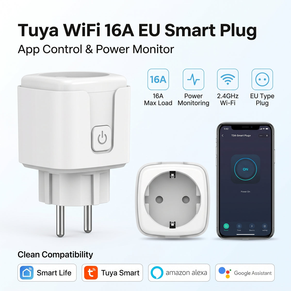 Tuya WiFi 16A EU Smart Plug with Power Meter