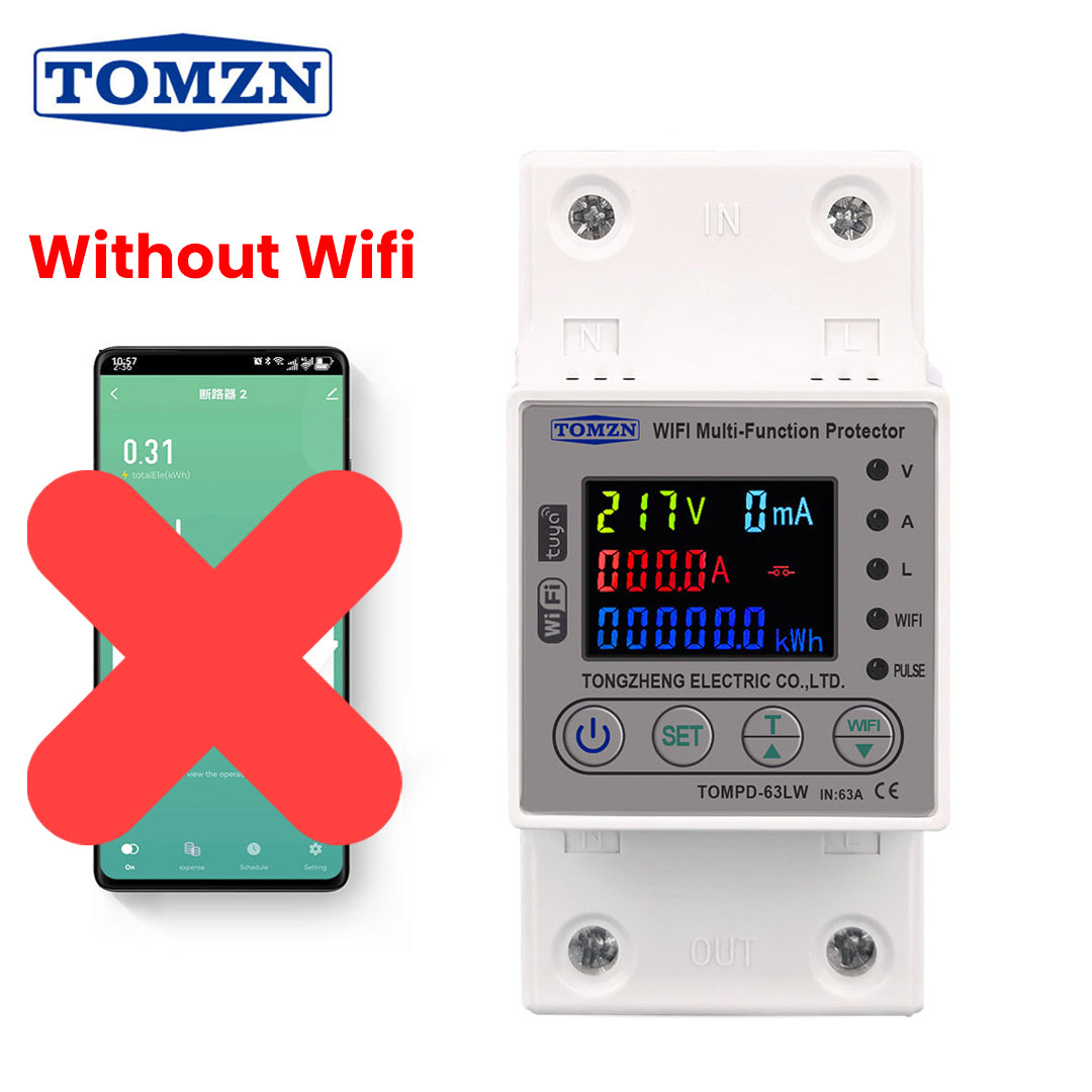 TOMZN 63A Multi Function Protector (Without WiFi) | Voltage Current kWh Energy Monitor | Over Under Voltage Protection | Digital Display | DIN Rail Breaker