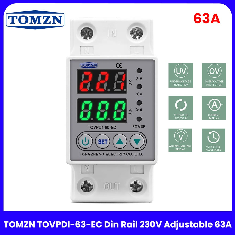 TOMZN 63A Voltage Protector TOVPDI-63-EC Din Rail | Adjustable 230V Over/Under Voltage Protection