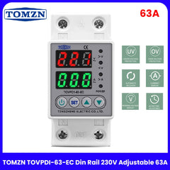 TOMZN 63A Voltage Protector TOVPDI-63-EC Din Rail | Adjustable 230V Over/Under Voltage Protection
