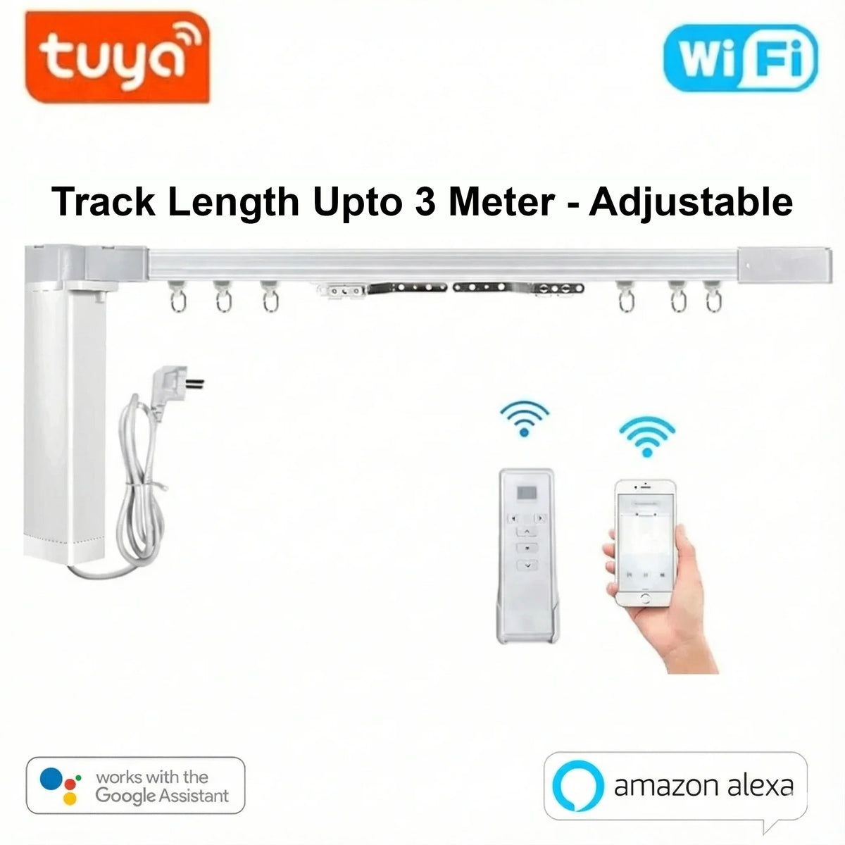 Tuya Smart WiFi Curtain Motor – Remote + App + Alexa Google Control | Upto 3 Meter Track