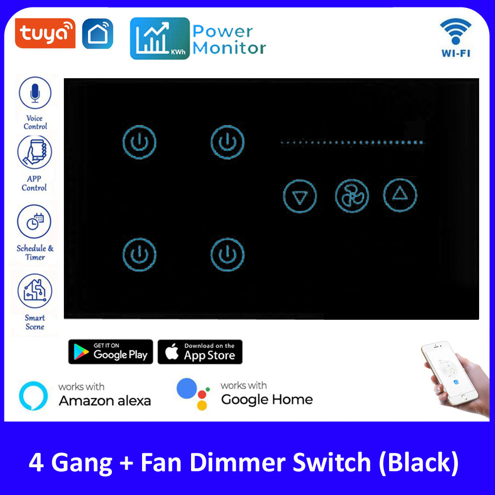 Tuya Smart WiFi 4 gang + Fan Wall Switch US - White/Black